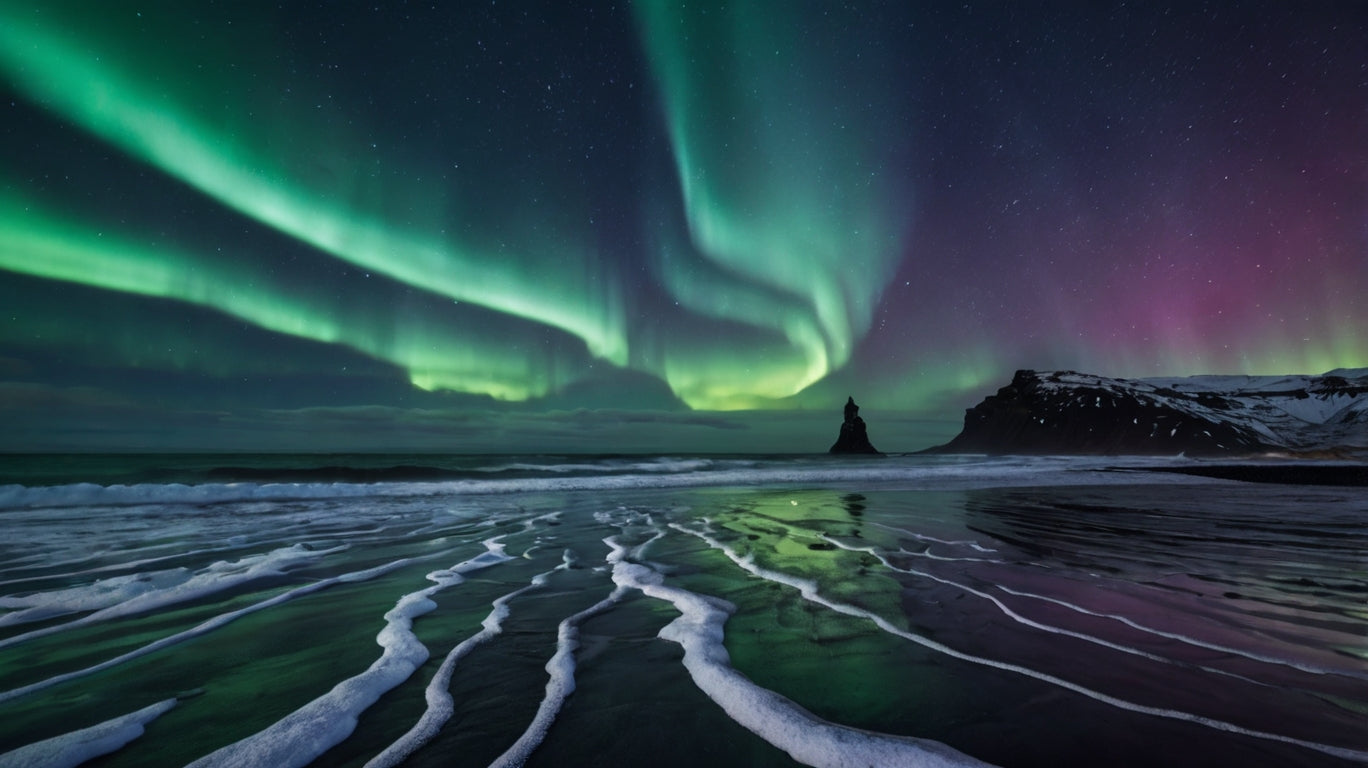 Arctic Fire – Northern Lights Over Iceland Black Sand Beach