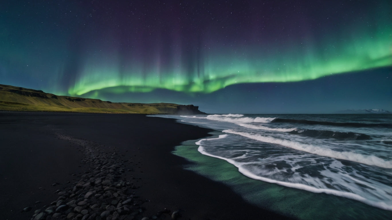 Arctic Fire – Northern Lights Over Iceland Black Sand Beach