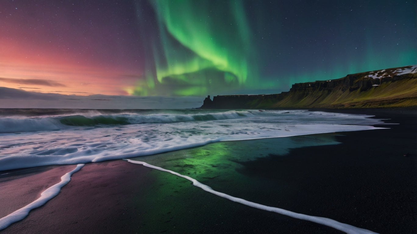 Arctic Fire – Northern Lights Over Iceland Black Sand Beach