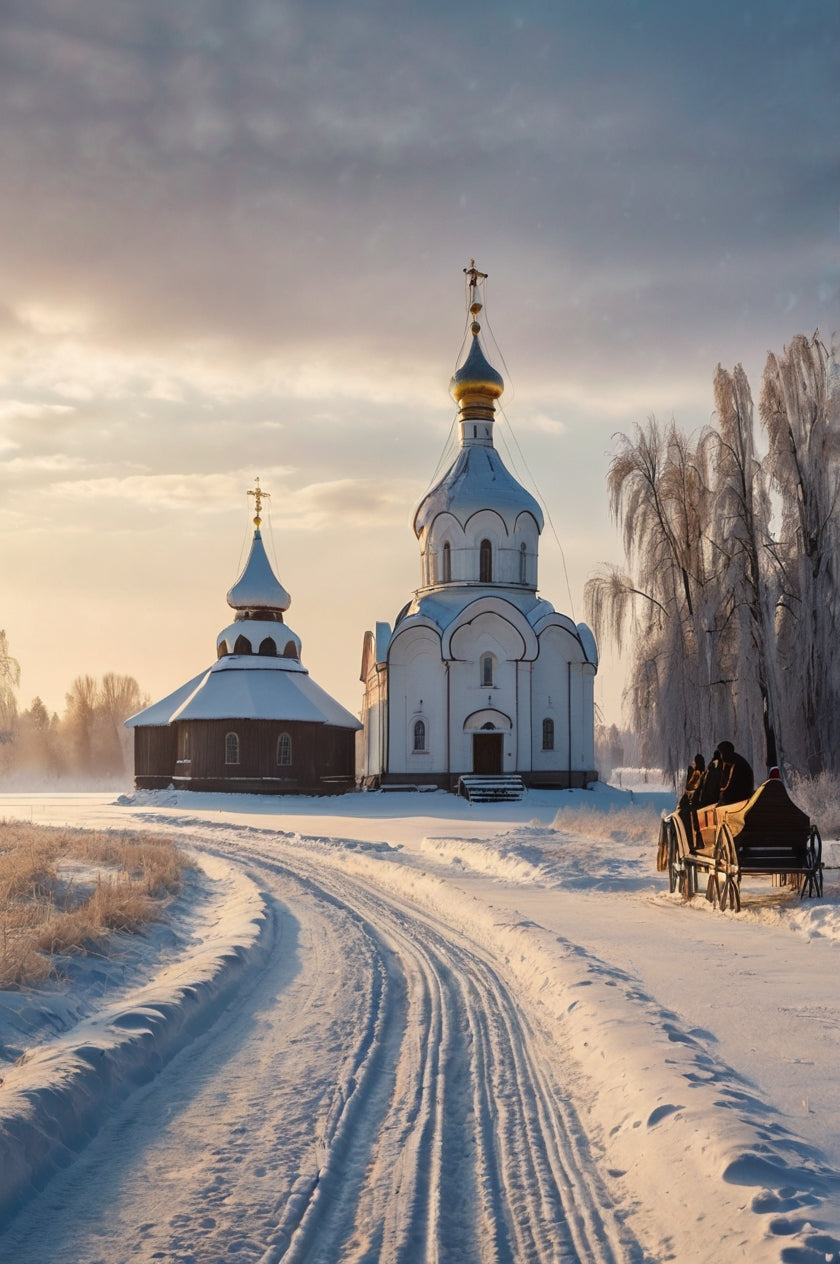 Russian Orthodox Church in Winter with Horse-Drawn Sleigh My Store