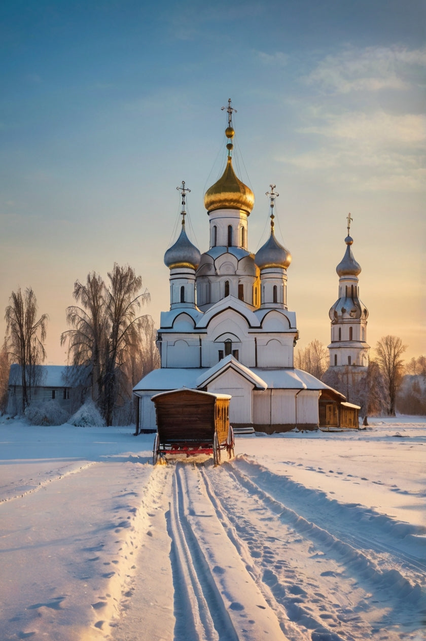 Russian Orthodox Church in Winter with Horse-Drawn Sleigh My Store