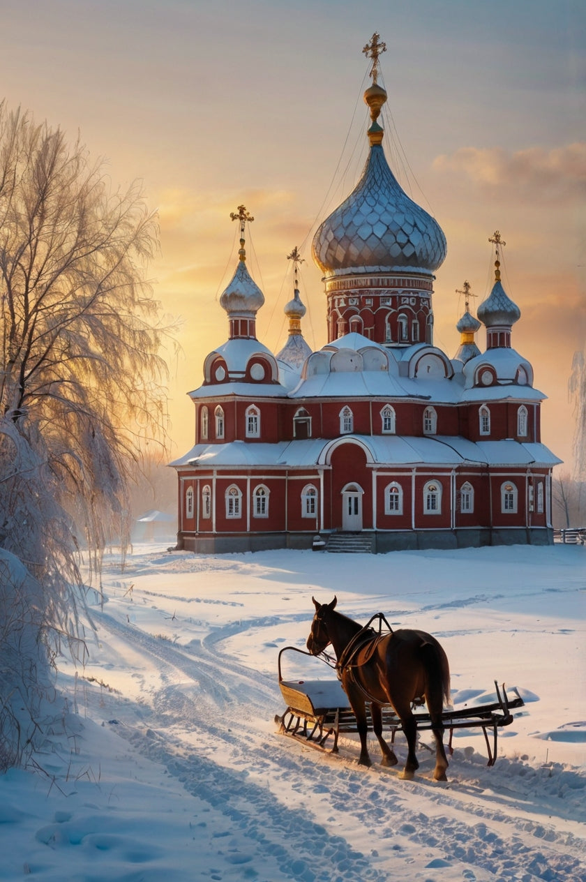 Russian Orthodox Church in Winter with Horse-Drawn Sleigh My Store