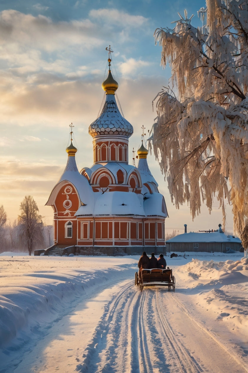 Russian Orthodox Church in Winter with Horse-Drawn Sleigh My Store