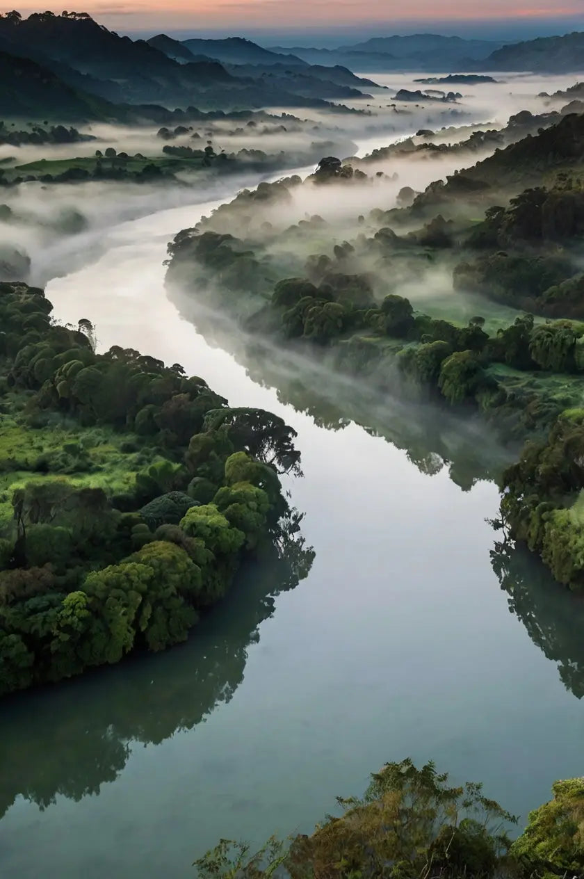 Misty River Valley Wall Art – Serene Sunrise Over Winding Green Hills Landscape Print My Store