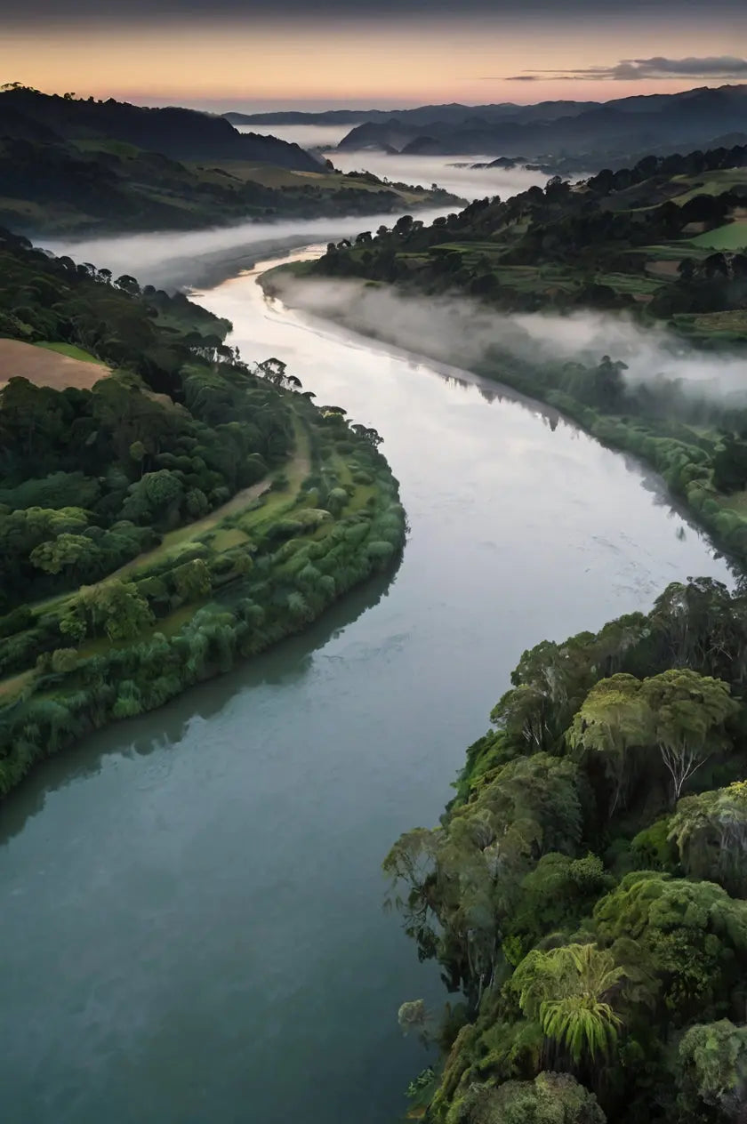 Misty River Valley Wall Art – Serene Sunrise Over Winding Green Hills Landscape Print My Store