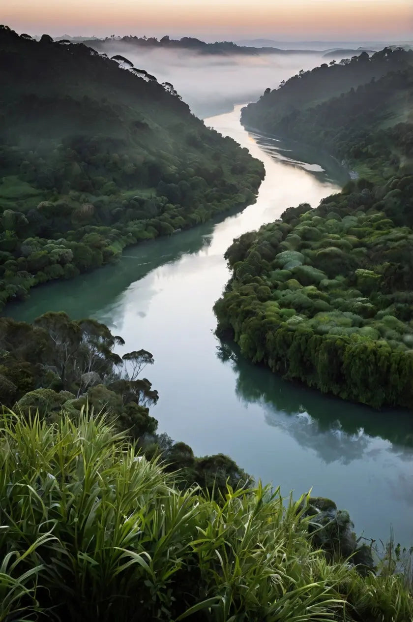 Misty River Valley Wall Art – Serene Sunrise Over Winding Green Hills Landscape Print My Store