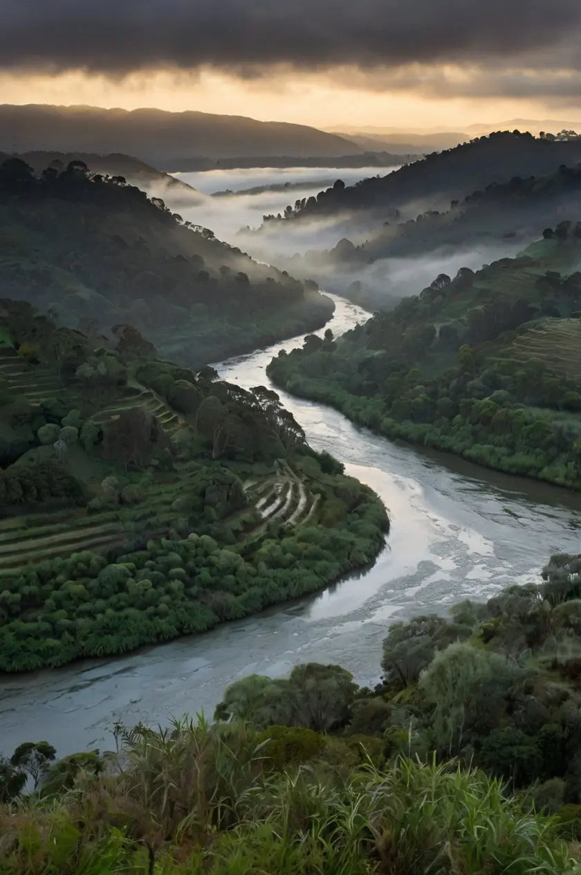 Misty River Valley Wall Art – Serene Sunrise Over Winding Green Hills Landscape Print My Store