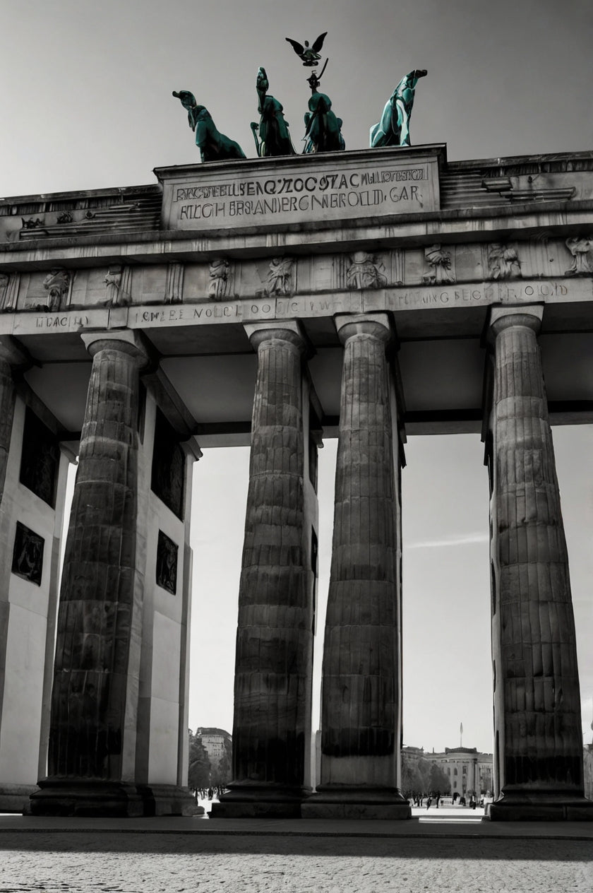 The dramatic low-angle view of the Brandenburg Gate in black and white