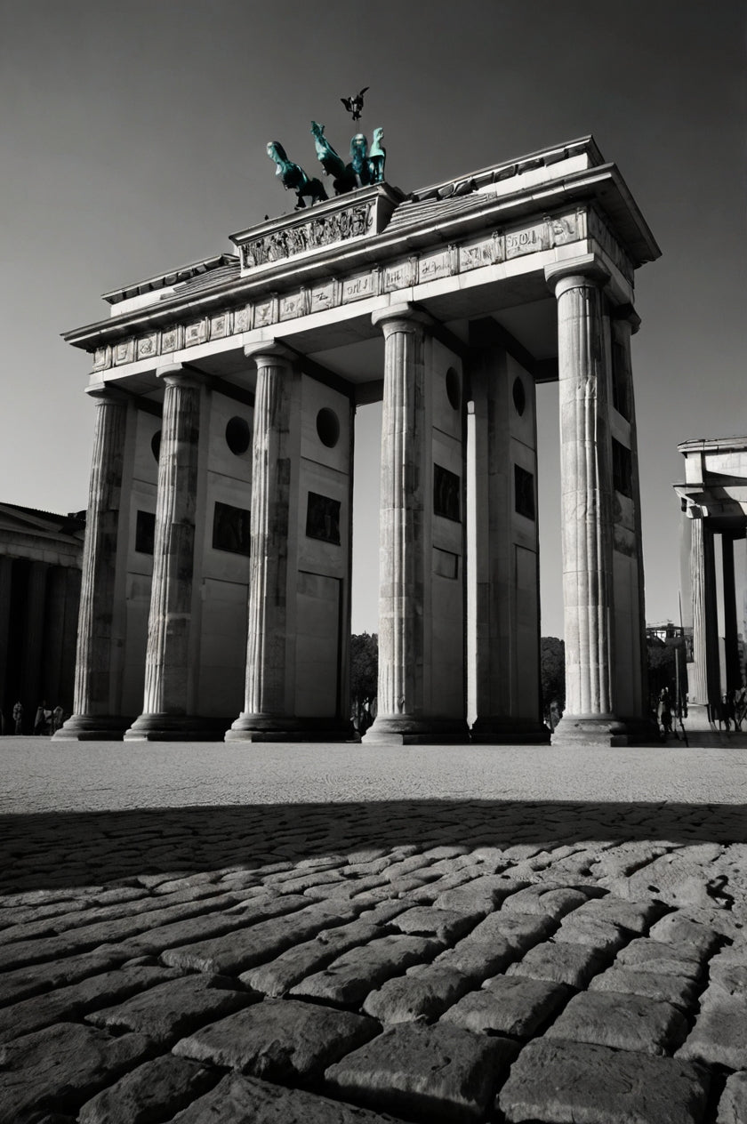 The dramatic low-angle view of the Brandenburg Gate in black and white