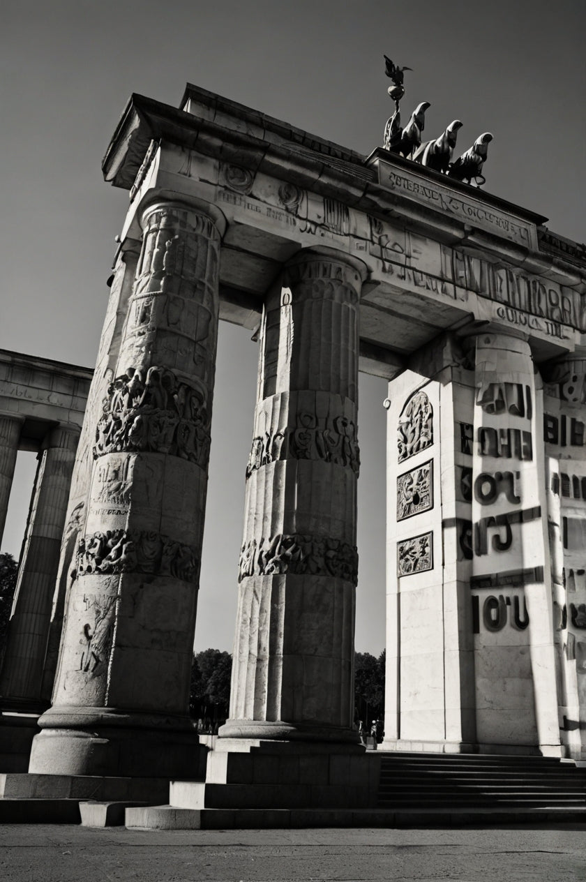 The dramatic low-angle view of the Brandenburg Gate in black and white