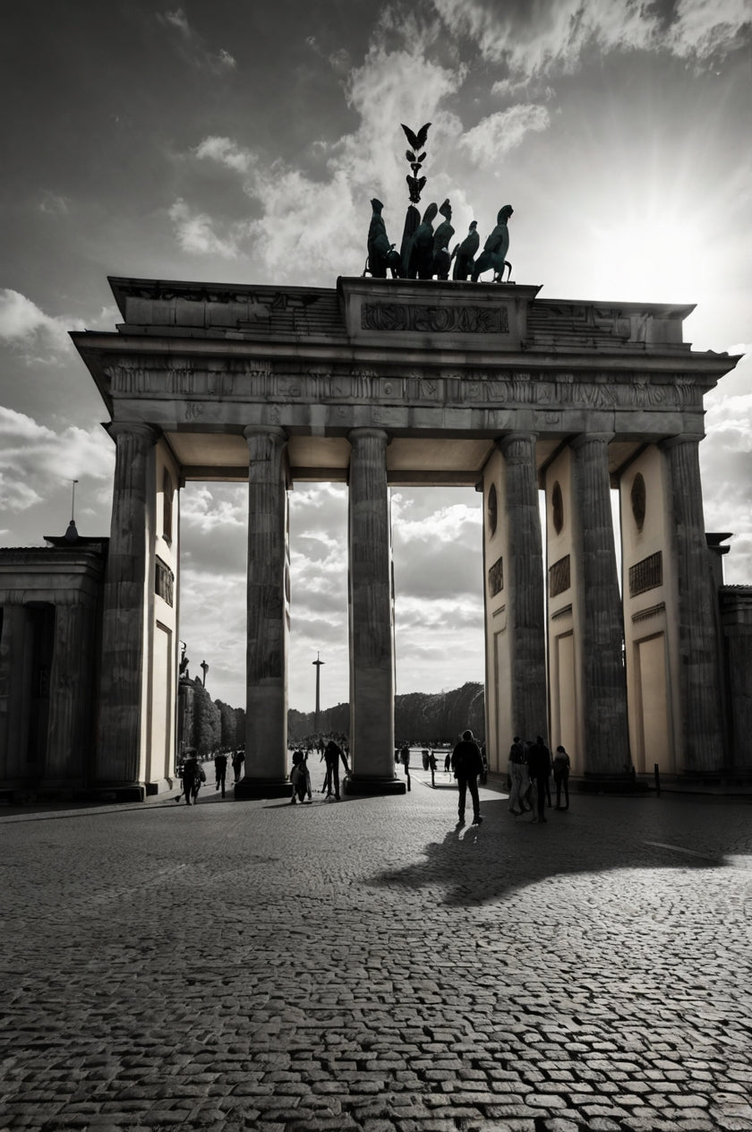 The dramatic low-angle view of the Brandenburg Gate in black and white