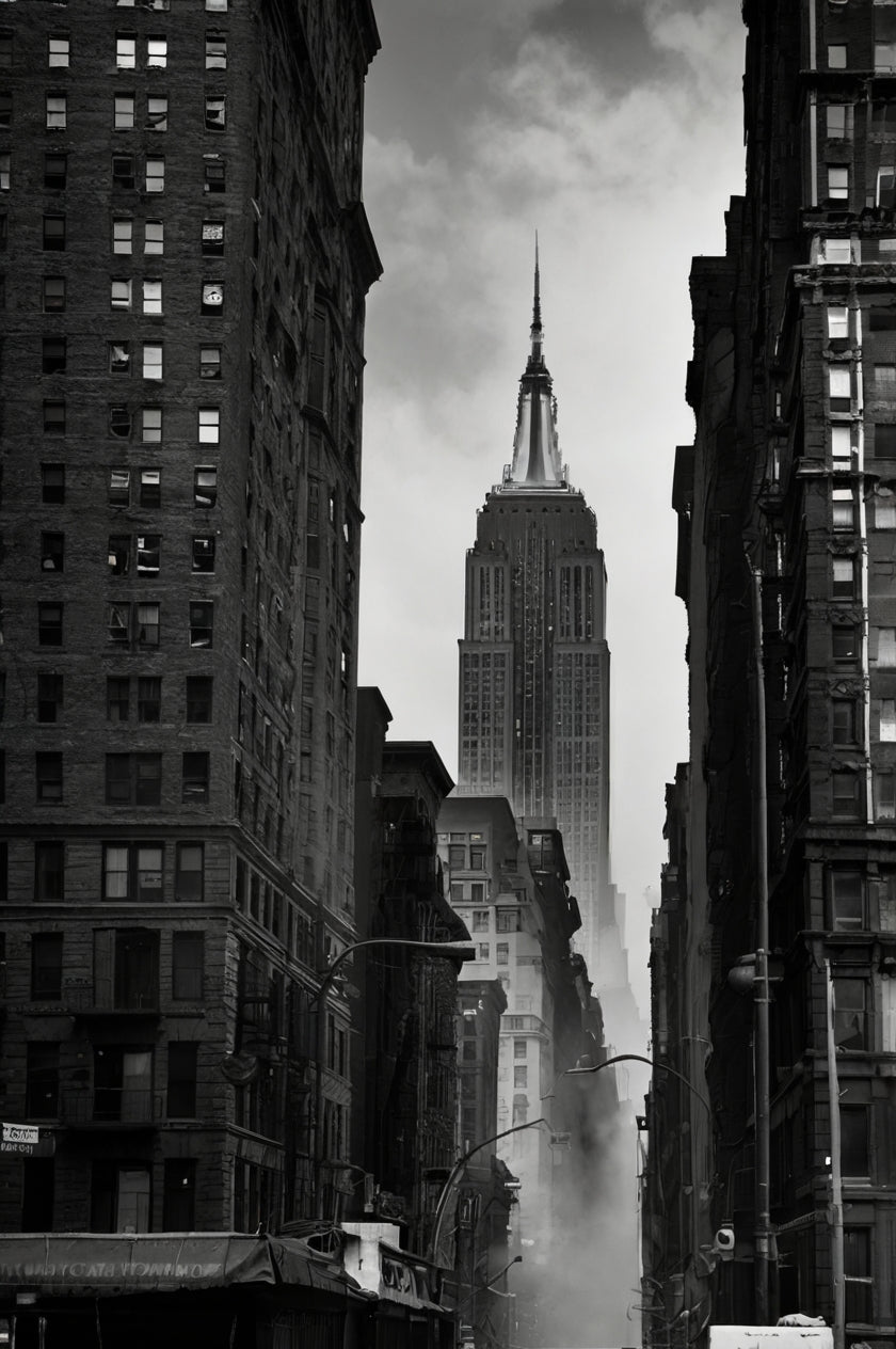 The vintage-style black-and-white view of the Empire State Building framed by old New York buildings