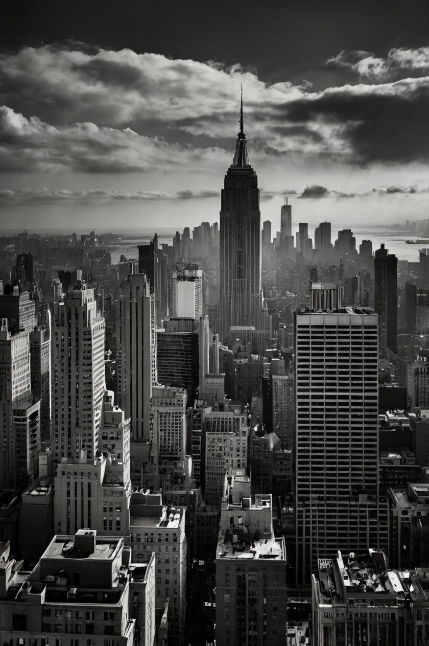 The vintage-style black-and-white view of the Empire State Building framed by old New York buildings