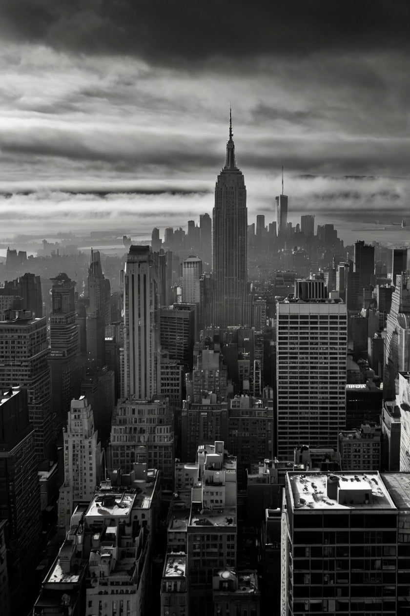 The vintage-style black-and-white view of the Empire State Building framed by old New York buildings