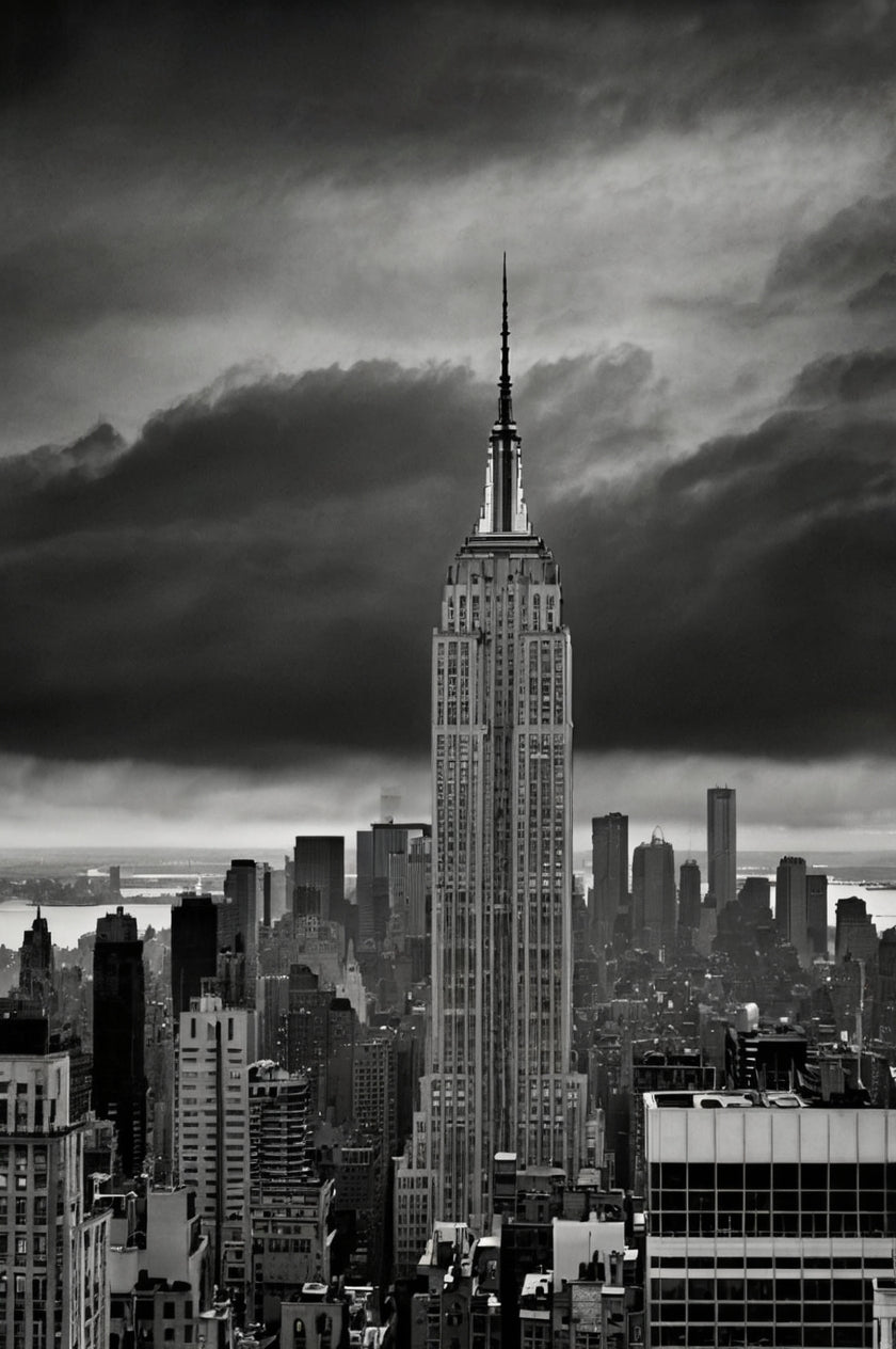 The vintage-style black-and-white view of the Empire State Building framed by old New York buildings