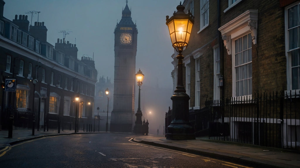 The classic foggy London street scene with Big Ben and glowing street lamps