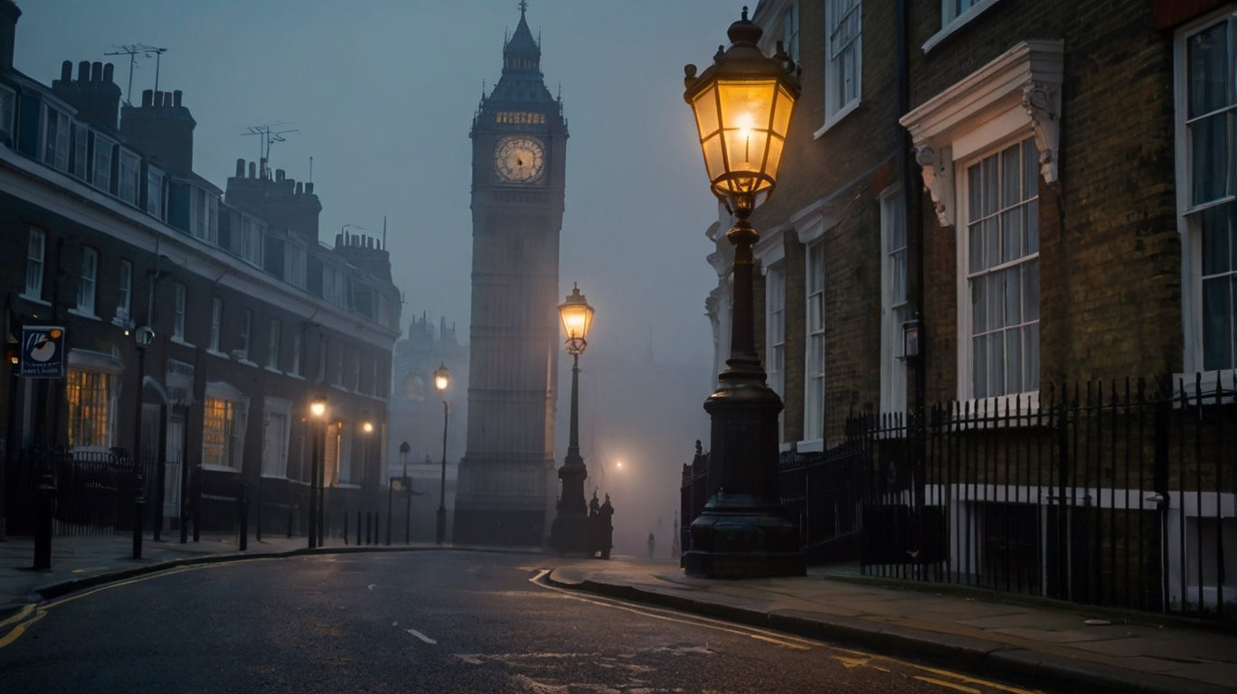 The classic foggy London street scene with Big Ben and glowing street lamps
