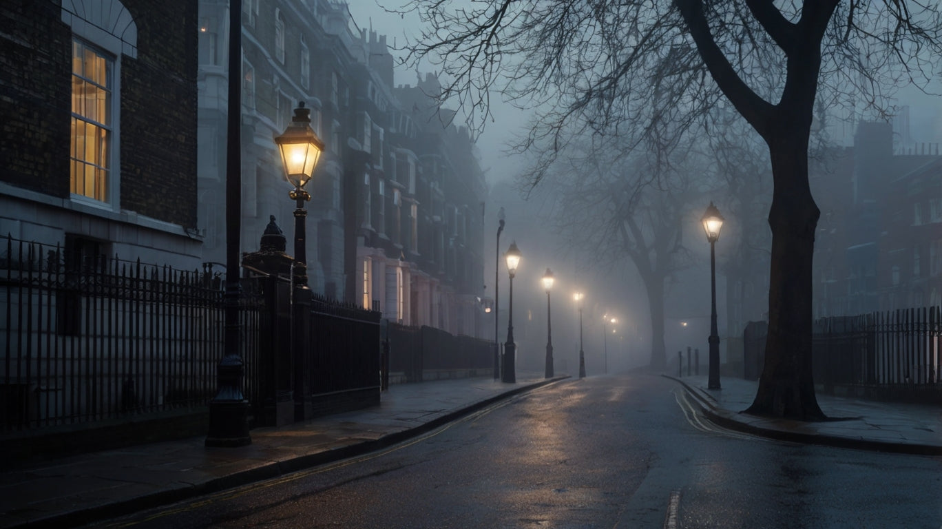 The classic foggy London street scene with Big Ben and glowing street lamps