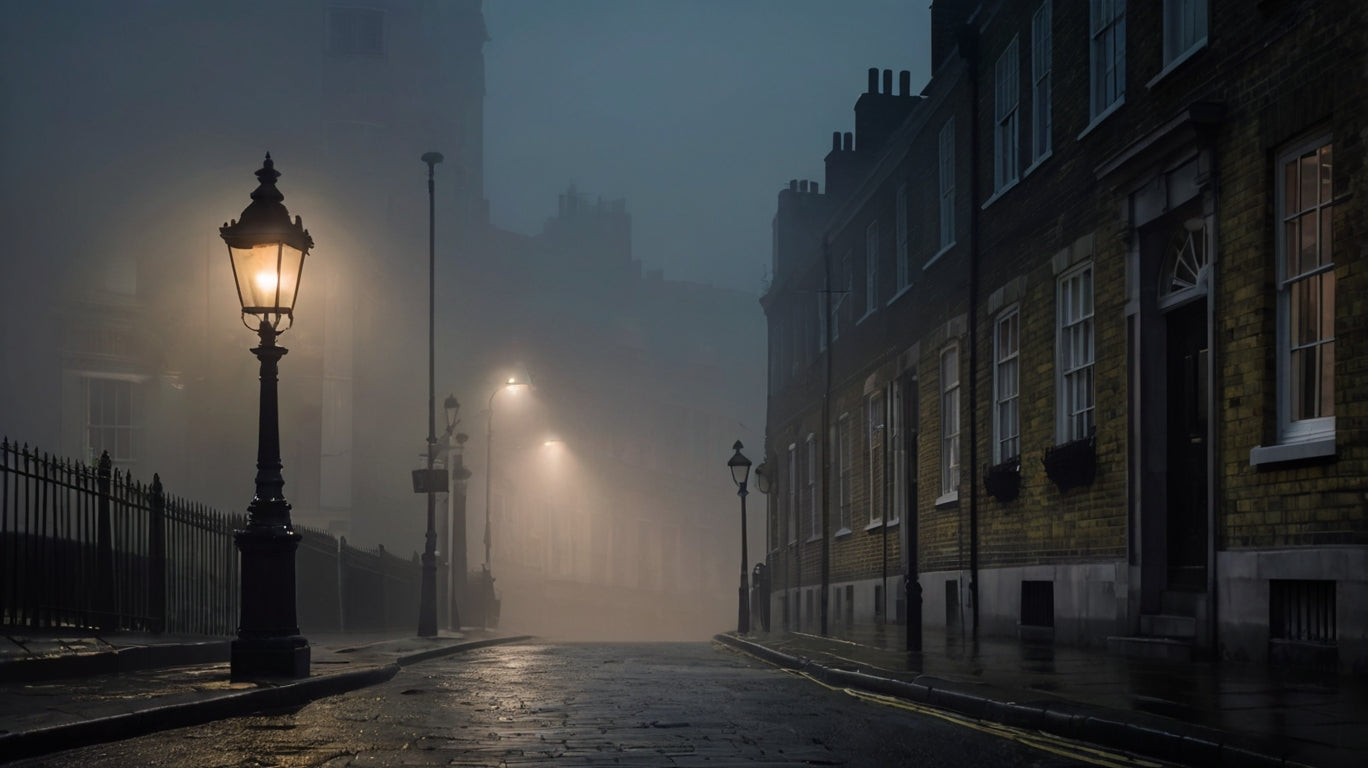 The classic foggy London street scene with Big Ben and glowing street lamps