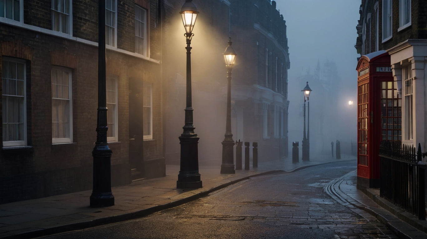 The classic foggy London street scene with Big Ben and glowing street lamps