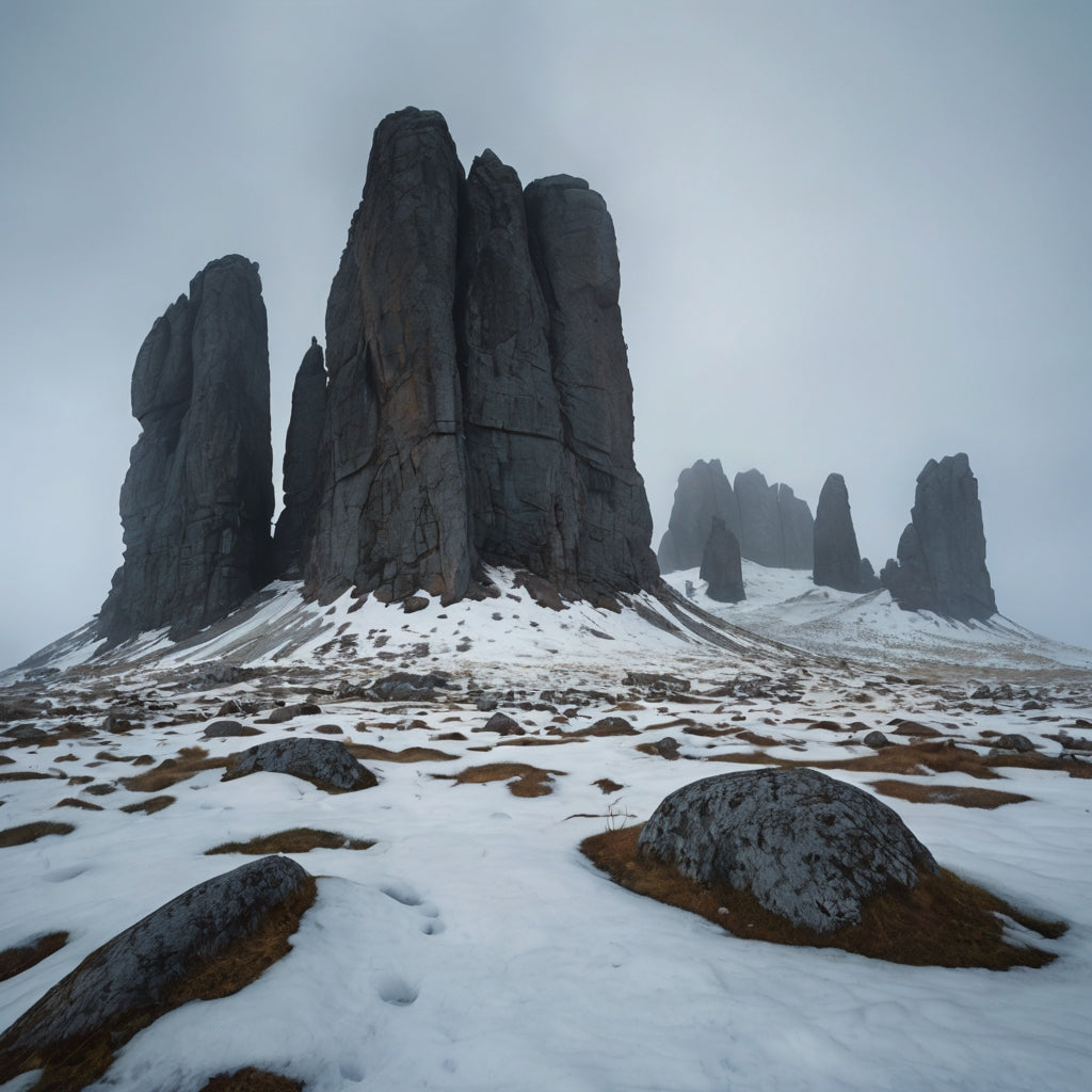 Dramatic Snow-Capped Rock Pillars at Sunrise My Store