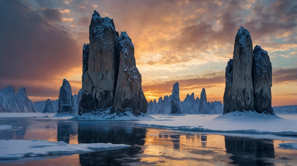 Frozen Lake with Jagged Rock Formations at Sunset My Store