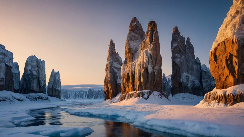 Frozen Lake with Jagged Rock Formations at Sunset My Store