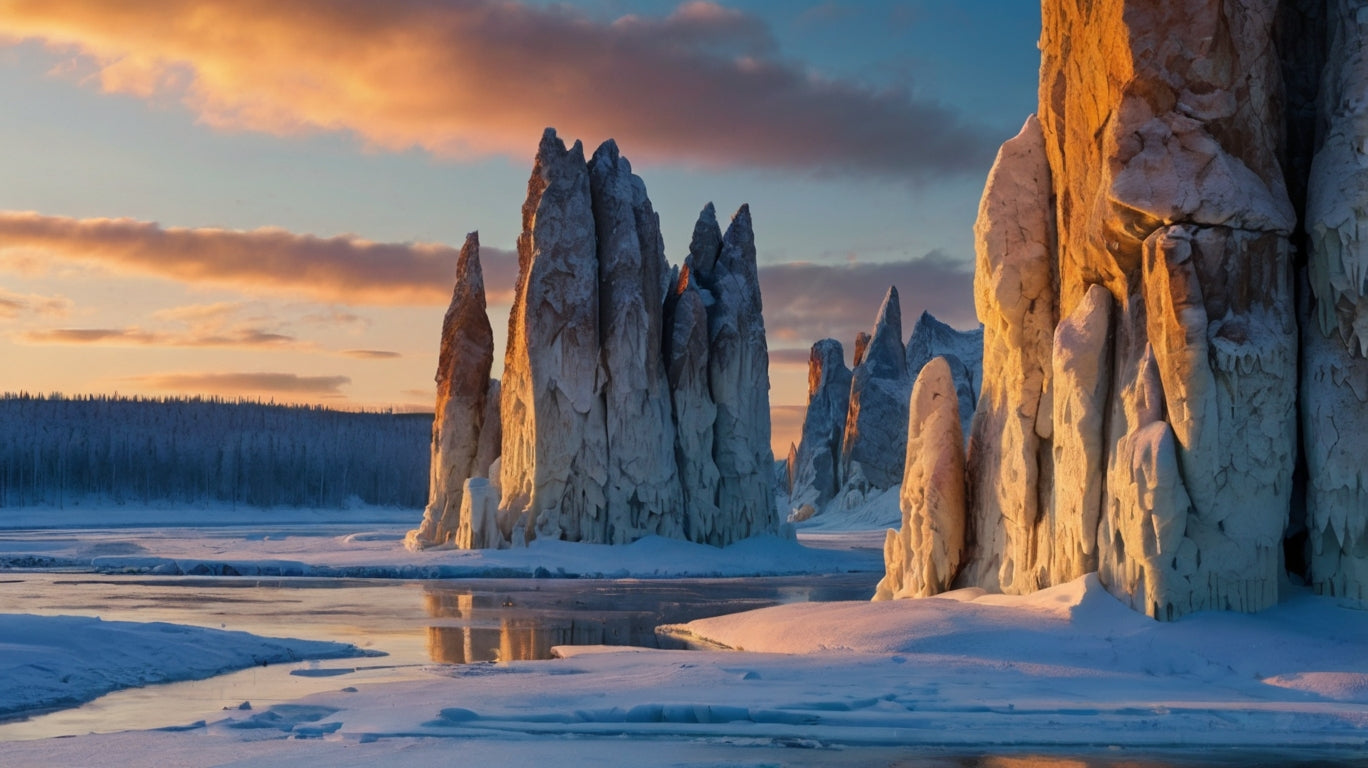 Frozen Lake with Jagged Rock Formations at Sunset My Store