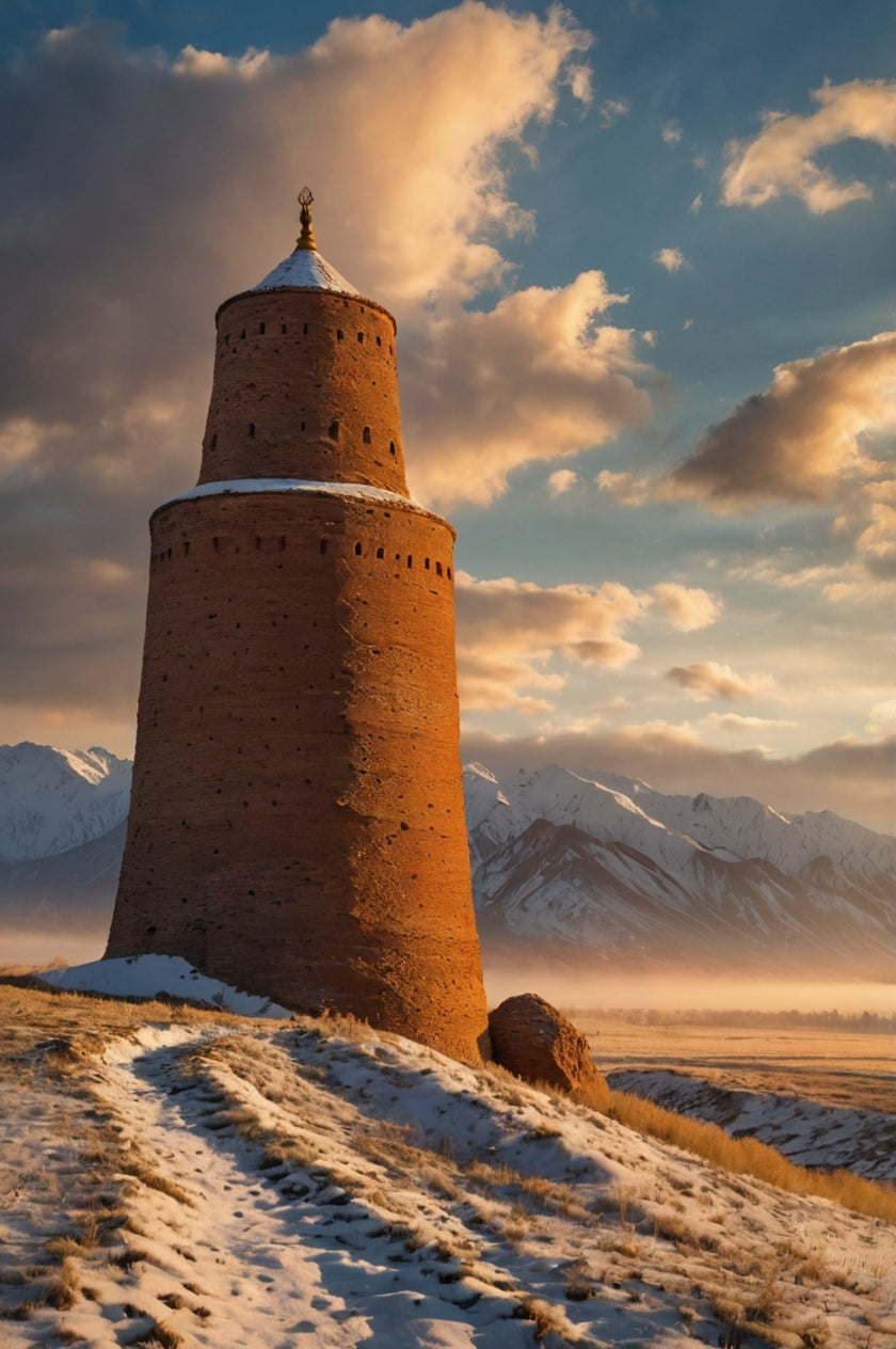 Ancient Kyrgyz Minaret Against Snowy Tian Shan