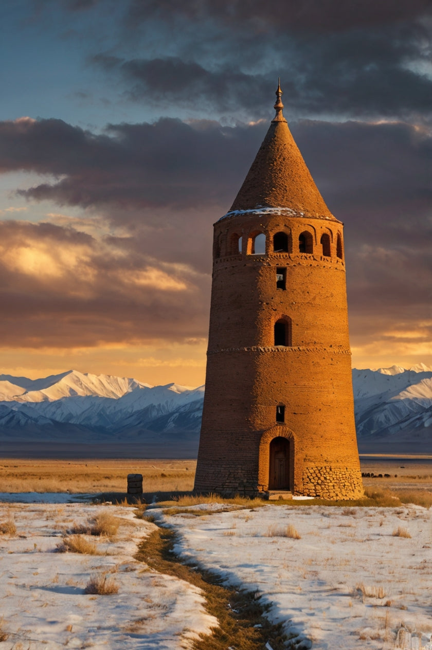Ancient Kyrgyz Minaret Against Snowy Tian Shan