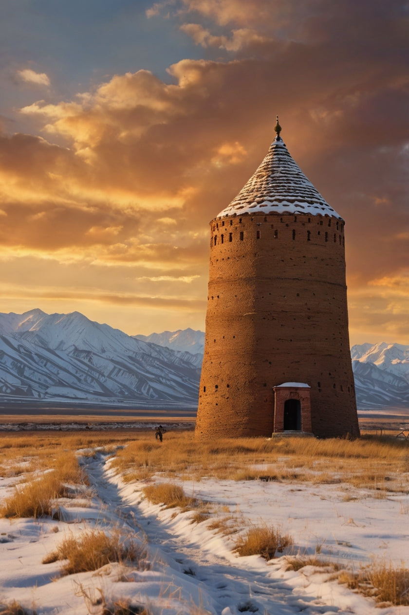 Ancient Kyrgyz Minaret Against Snowy Tian Shan