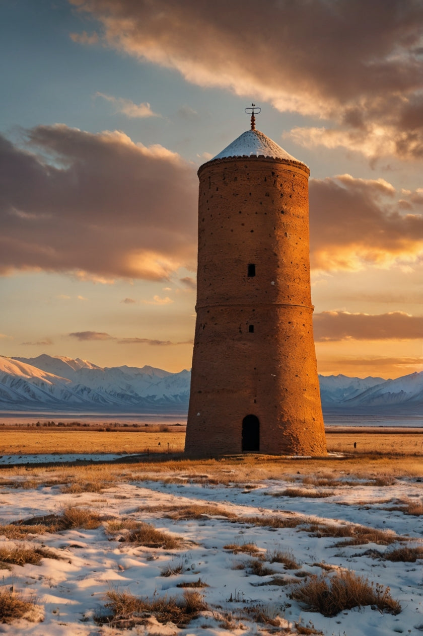 Ancient Kyrgyz Minaret Against Snowy Tian Shan