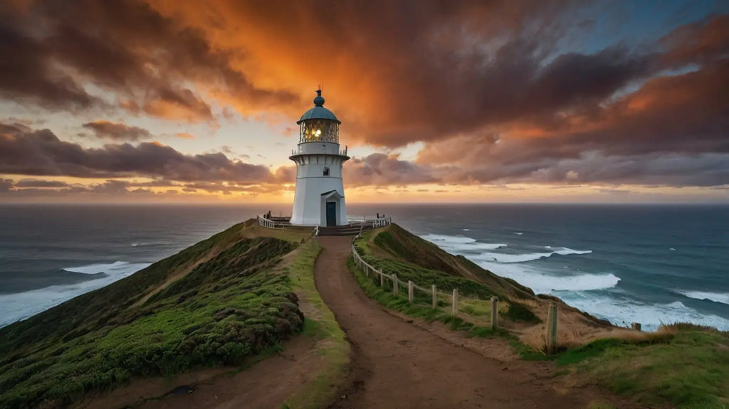 Sunset Lighthouse on Rocky Coast – Ocean Waves & Golden Horizon Wall Art My Store