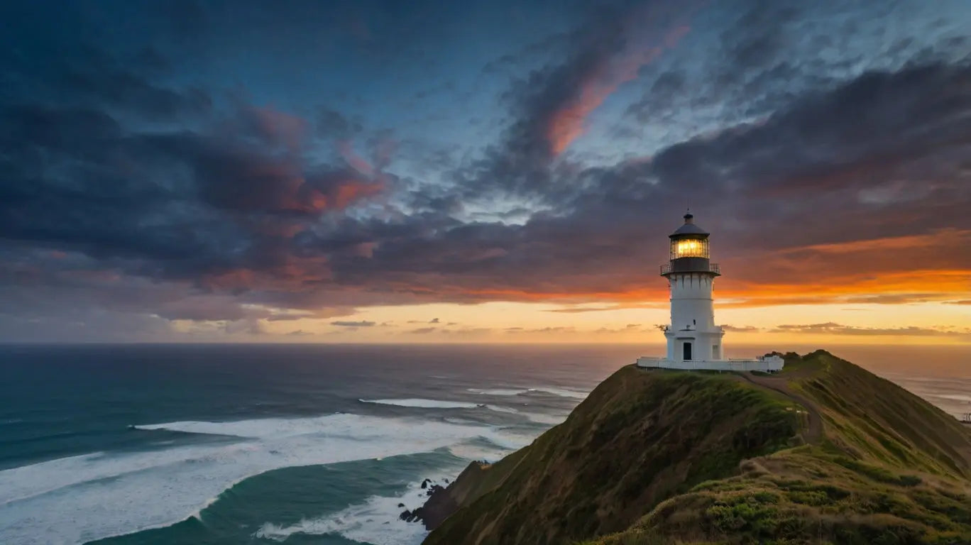 Sunset Lighthouse on Rocky Coast – Ocean Waves & Golden Horizon Wall Art My Store
