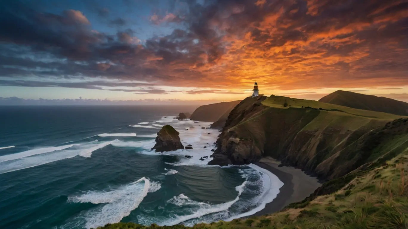 Sunset Lighthouse on Rocky Coast – Ocean Waves & Golden Horizon Wall Art My Store