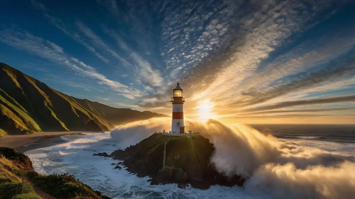 Sunset Lighthouse on Rocky Coast – Ocean Waves & Golden Horizon Wall Art My Store