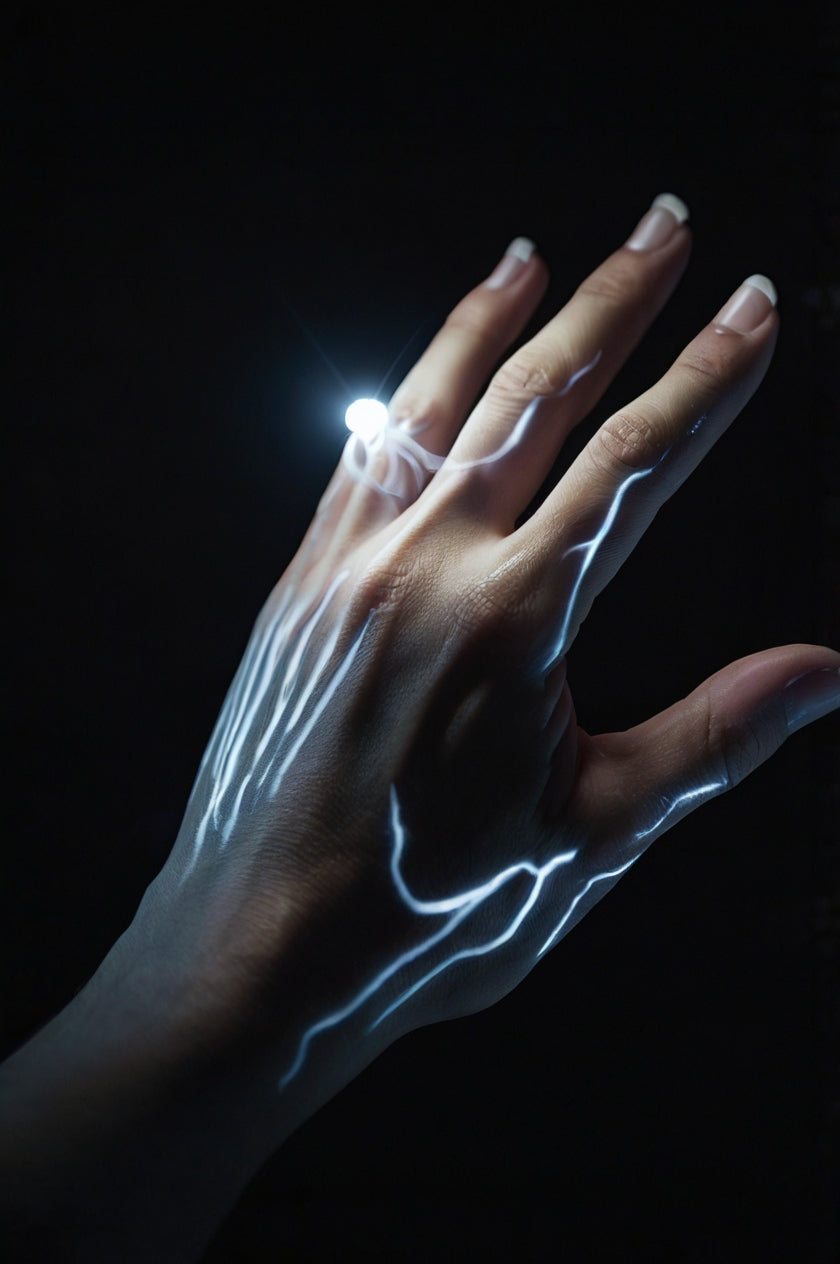 The glowing, electric-like patterns running across the hand