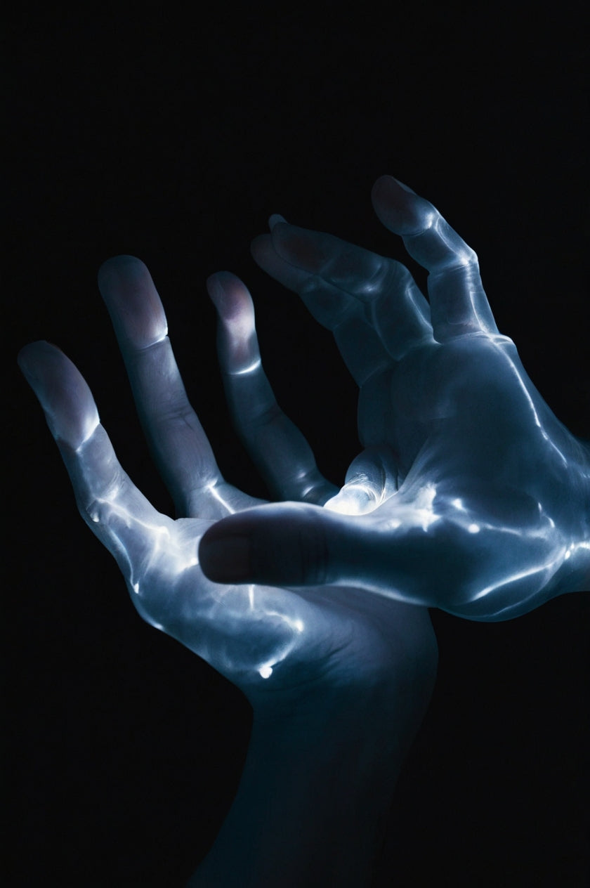 The glowing, electric-like patterns running across the hand