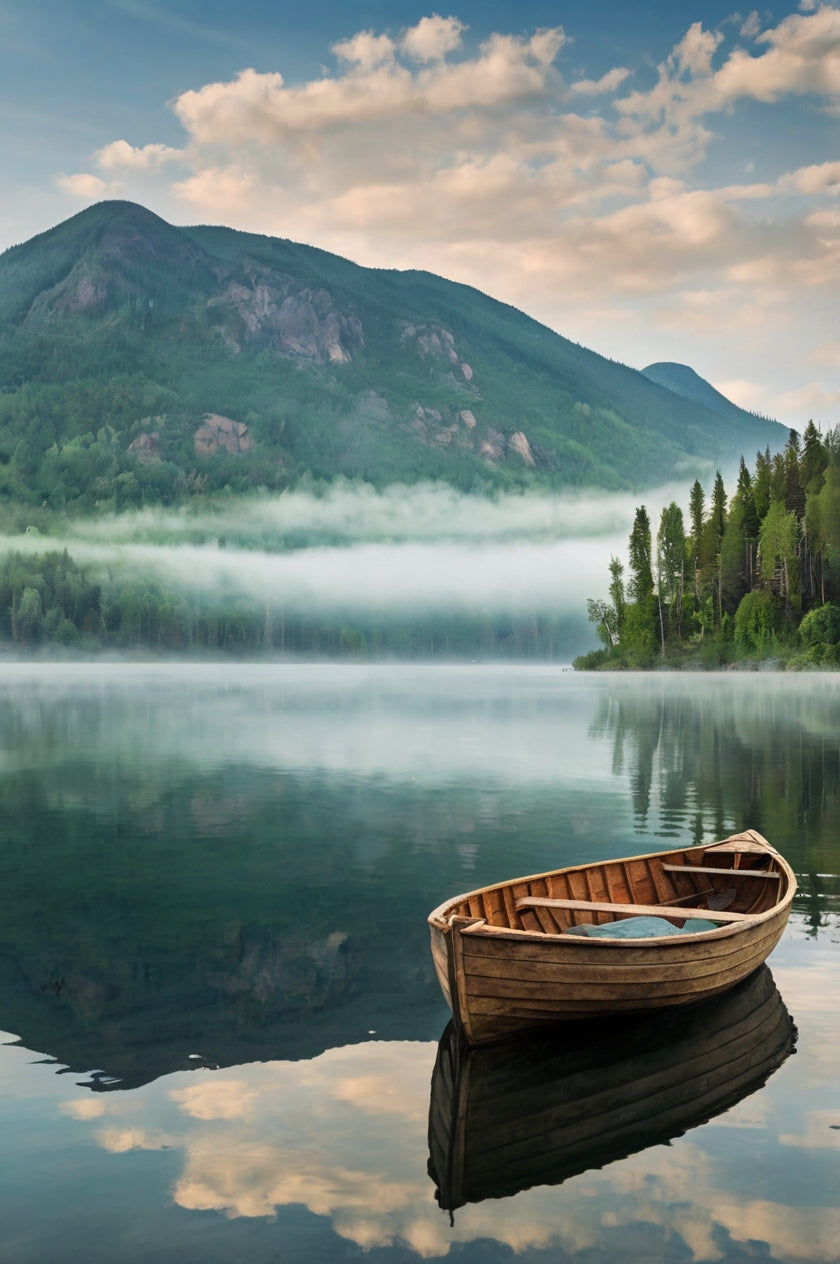 Serene Wooden Rowboat on Crystal-Clear Mountain Lake My Store