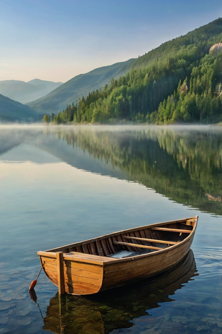 Serene Wooden Rowboat on Crystal-Clear Mountain Lake My Store