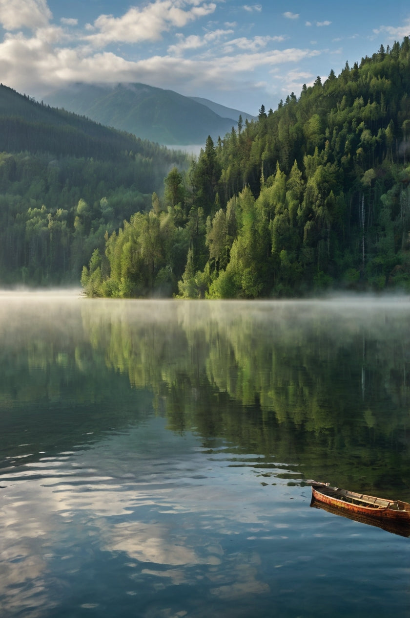 Serene Wooden Rowboat on Crystal-Clear Mountain Lake My Store