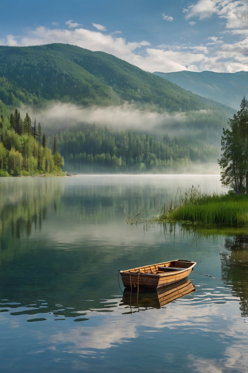 Serene Wooden Rowboat on Crystal-Clear Mountain Lake My Store