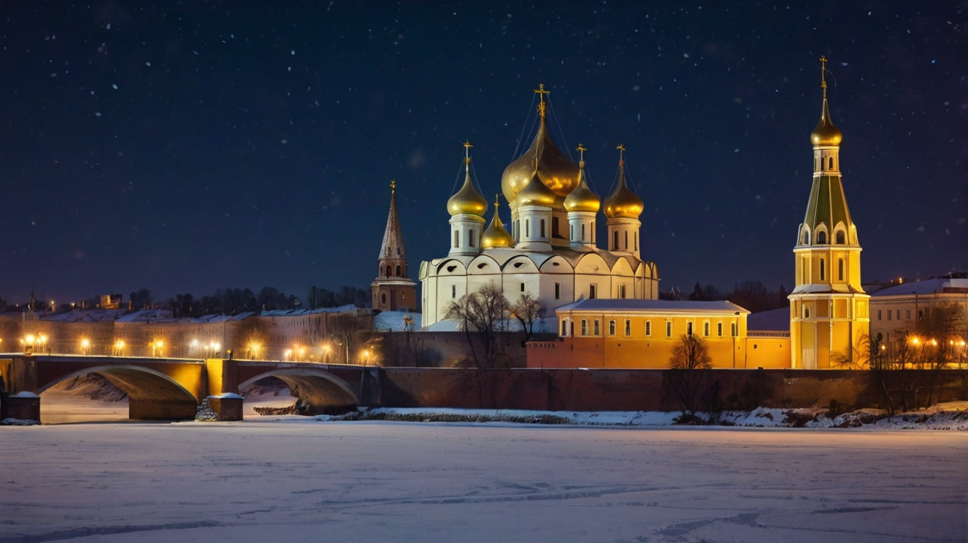 Illuminated Golden-Domed Cathedral and Stone Bridge at Night My Store