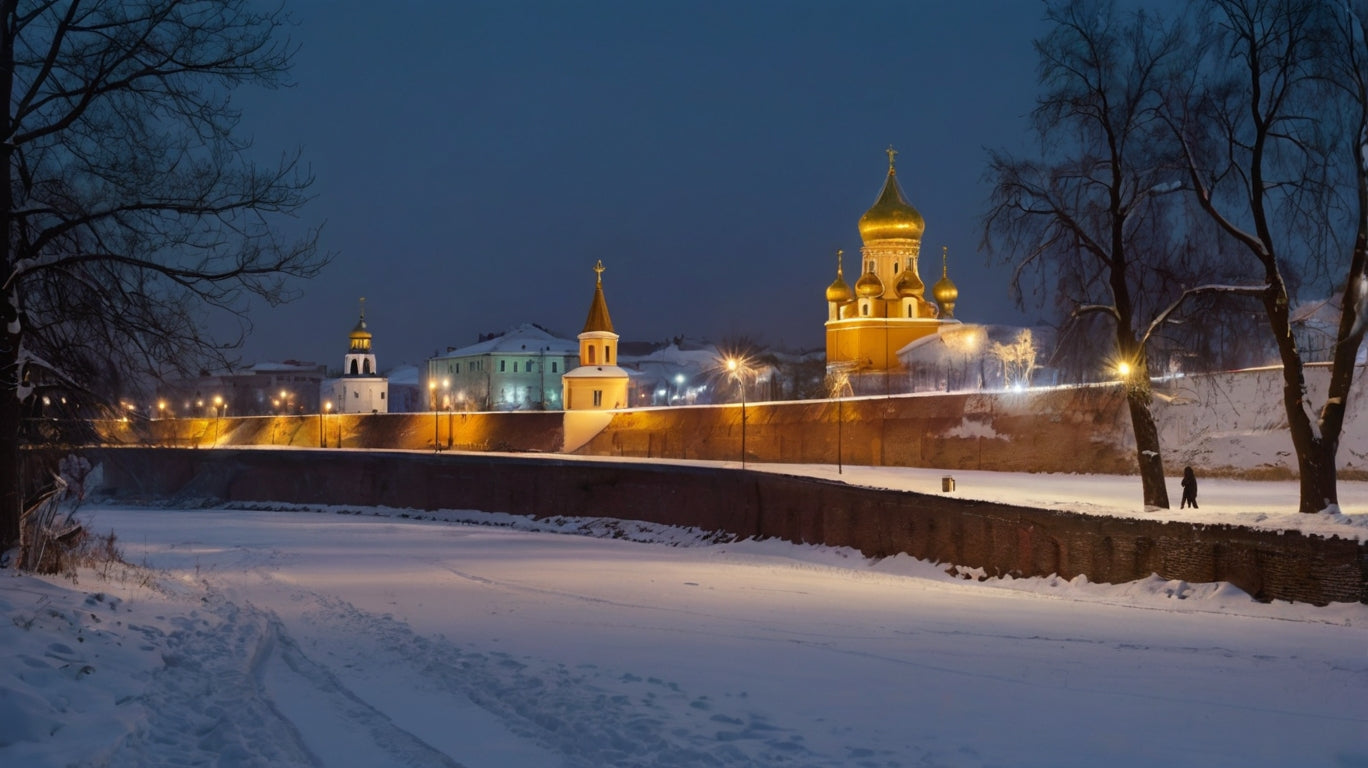 Illuminated Golden-Domed Cathedral and Stone Bridge at Night My Store