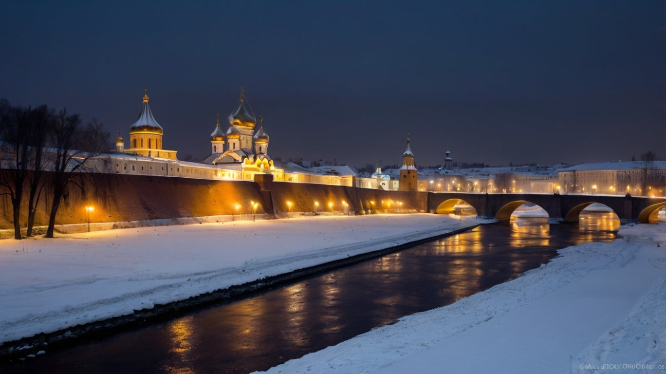 Illuminated Golden-Domed Cathedral and Stone Bridge at Night My Store