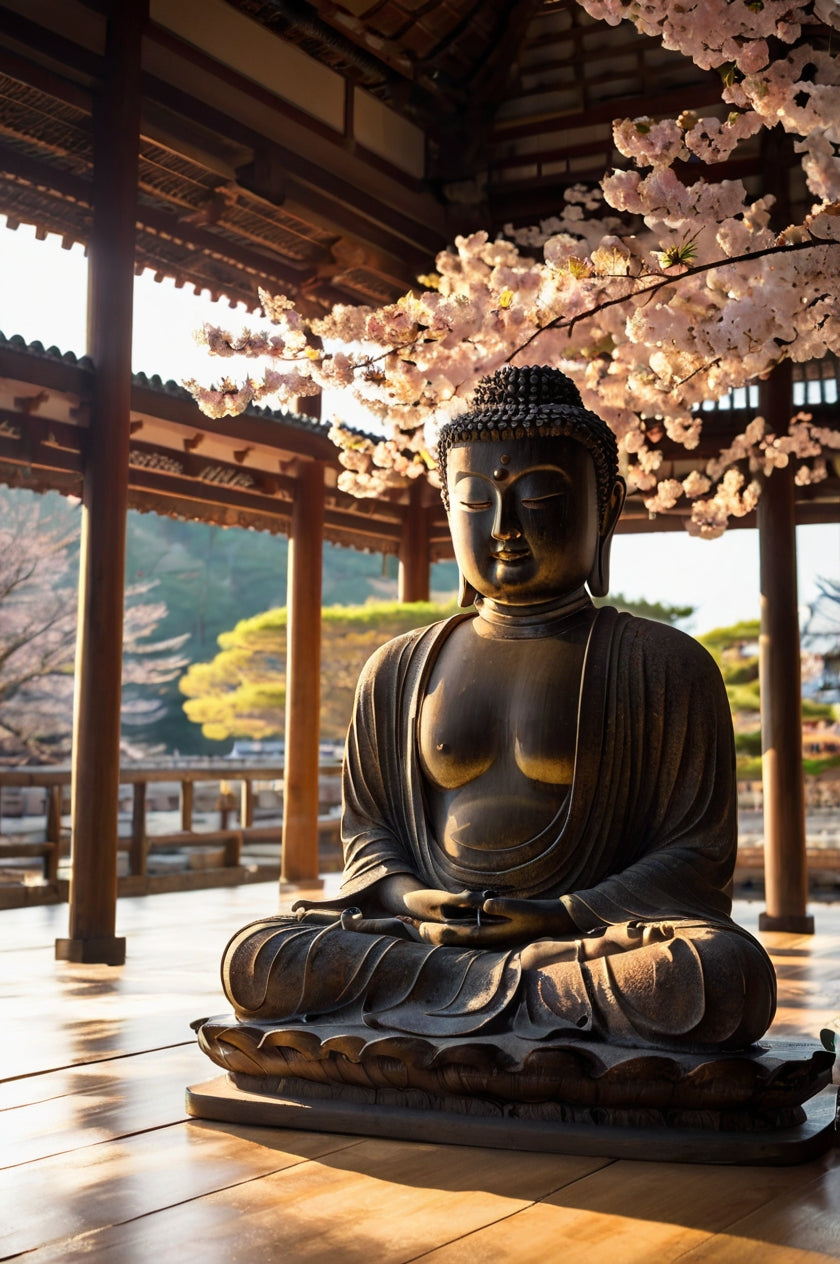 Japan – Buddha Statue under Cherry Blossoms