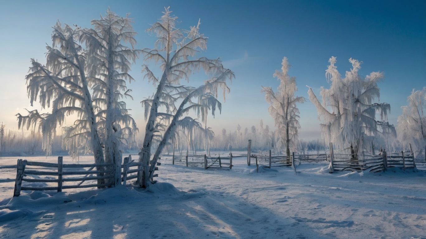 Frost-Covered Trees and Fence at Sunrise My Store
