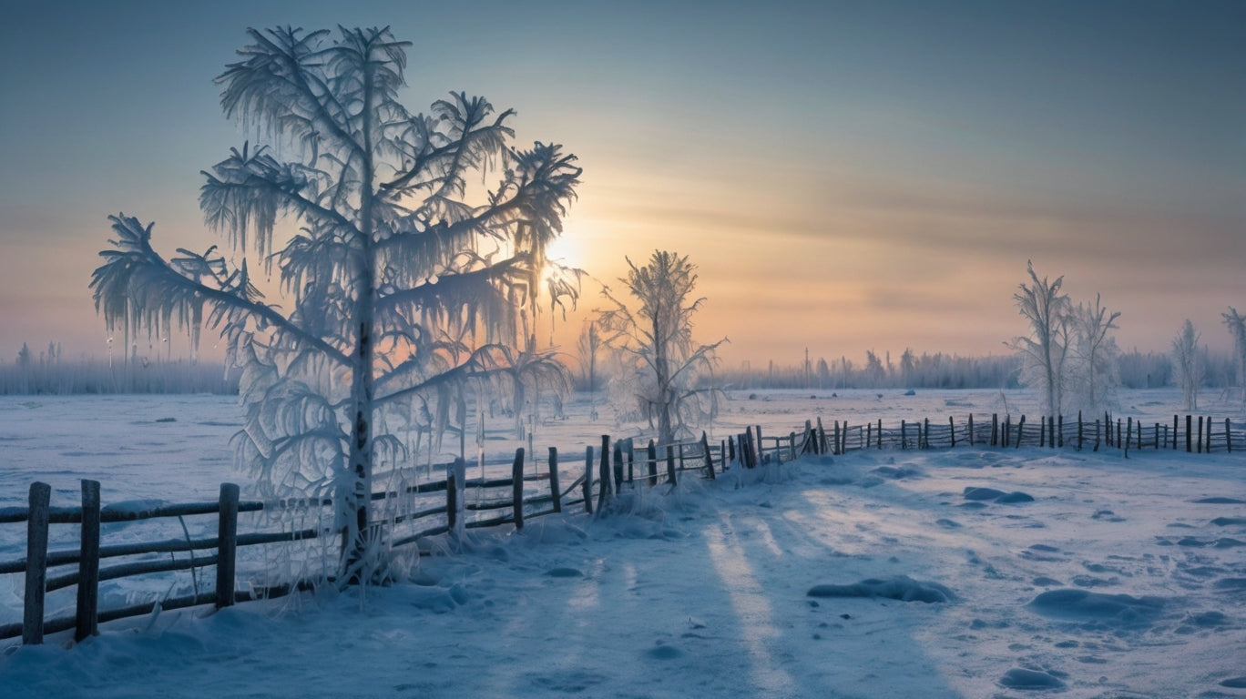 Frost-Covered Trees and Fence at Sunrise My Store