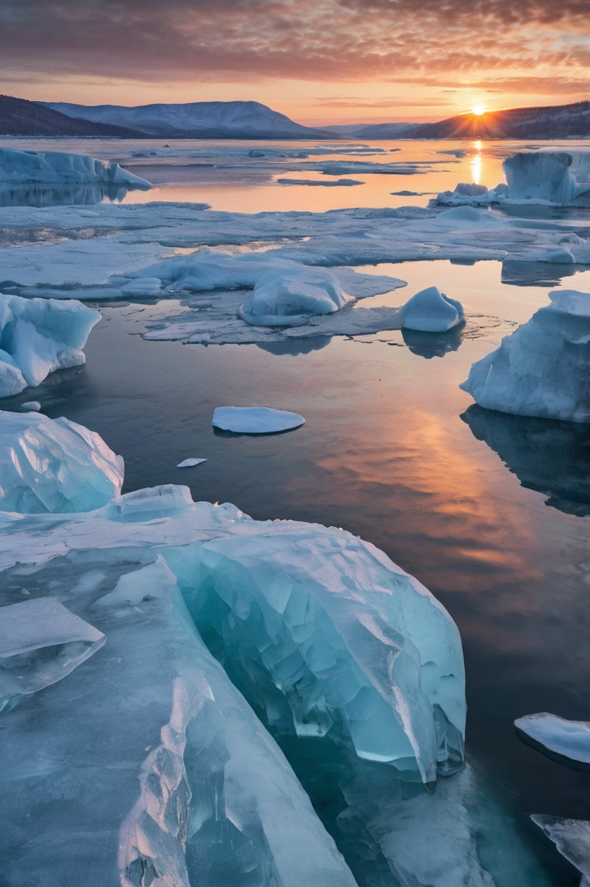 Frozen River with Ice Floes at Sunset My Store