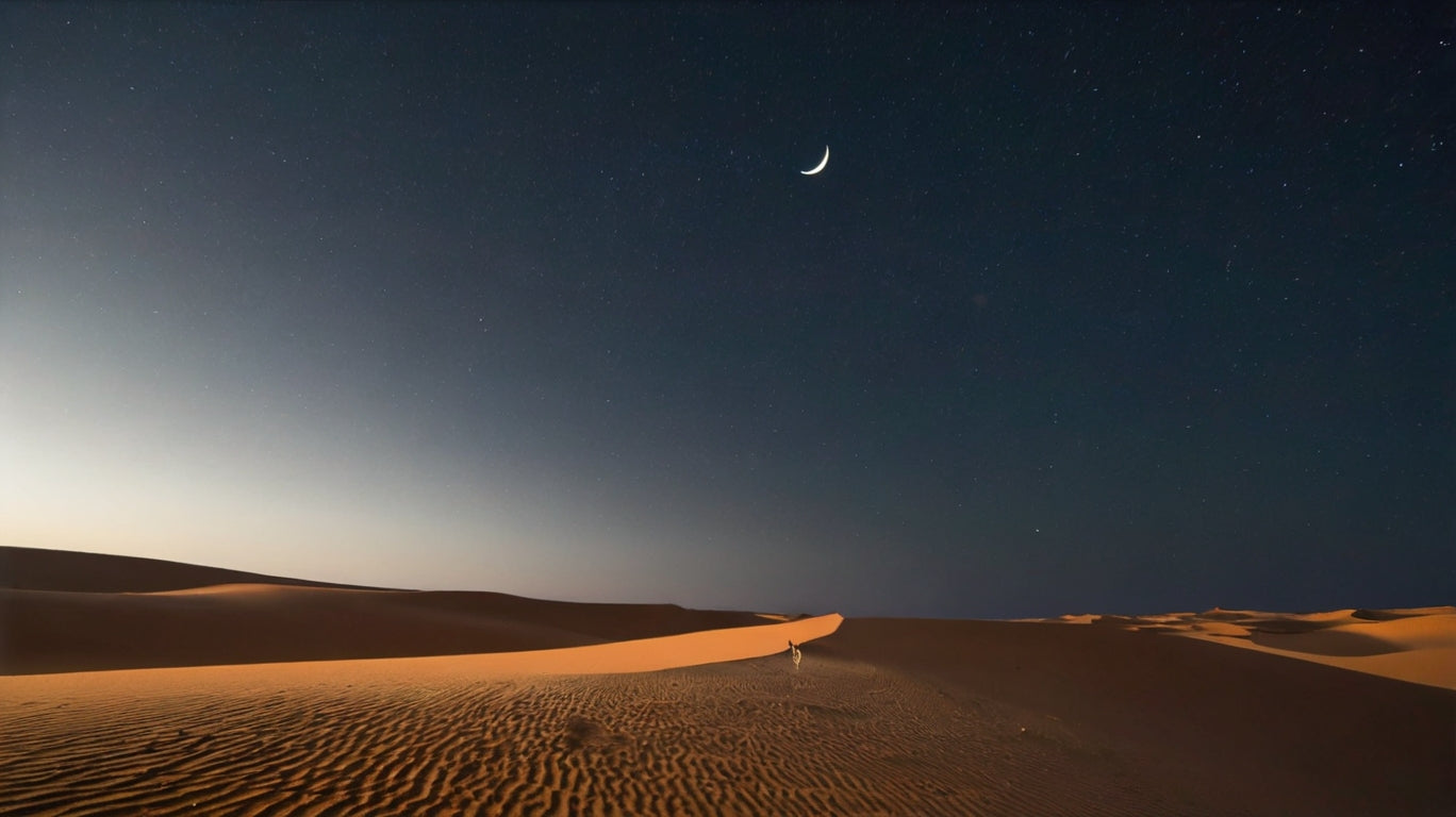 Lone Wanderer Under Crescent Moon Desert